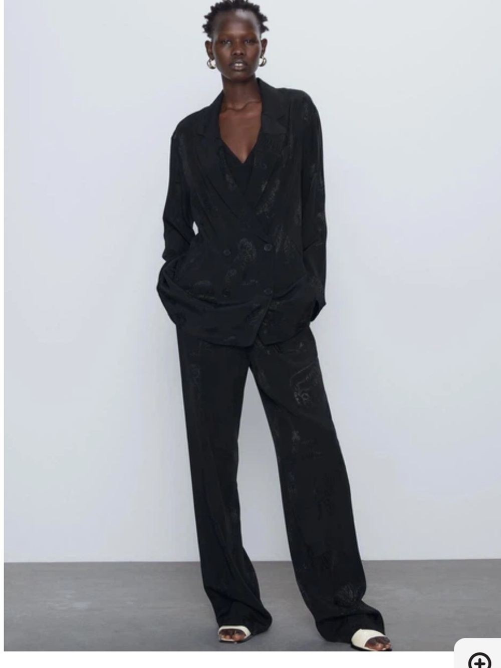 NWT Zara Viscose Black Satin-Effect Wide Leg Blazer Pantsuit Size Small